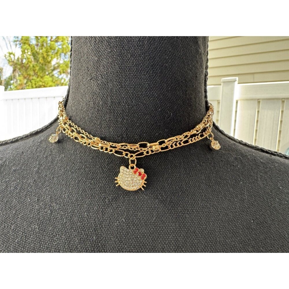 Hello Goldtone Necklace Trio (Set of 3 pieces) Goldtone Kitty CZ Charms NEW